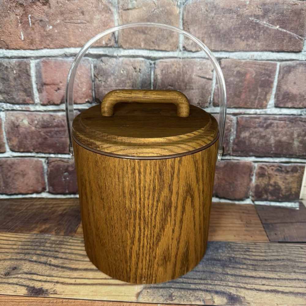Vintage Cornwall Wood Ice Bucket w Inside Liner MCM Retro Lid Clear Handle USA